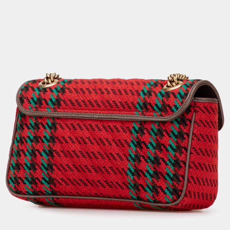 Pre Owned Gucci Red Small GG Marmont Houndstooth Tweed Flap Crossbody