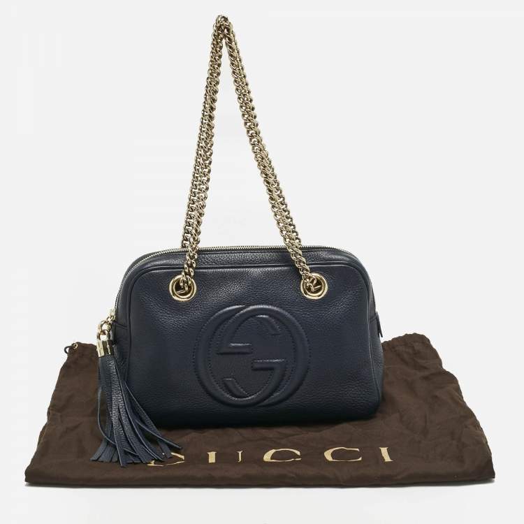 Pre Owned Gucci Navy Blue Leather Medium Soho Chain Shoulder Bag