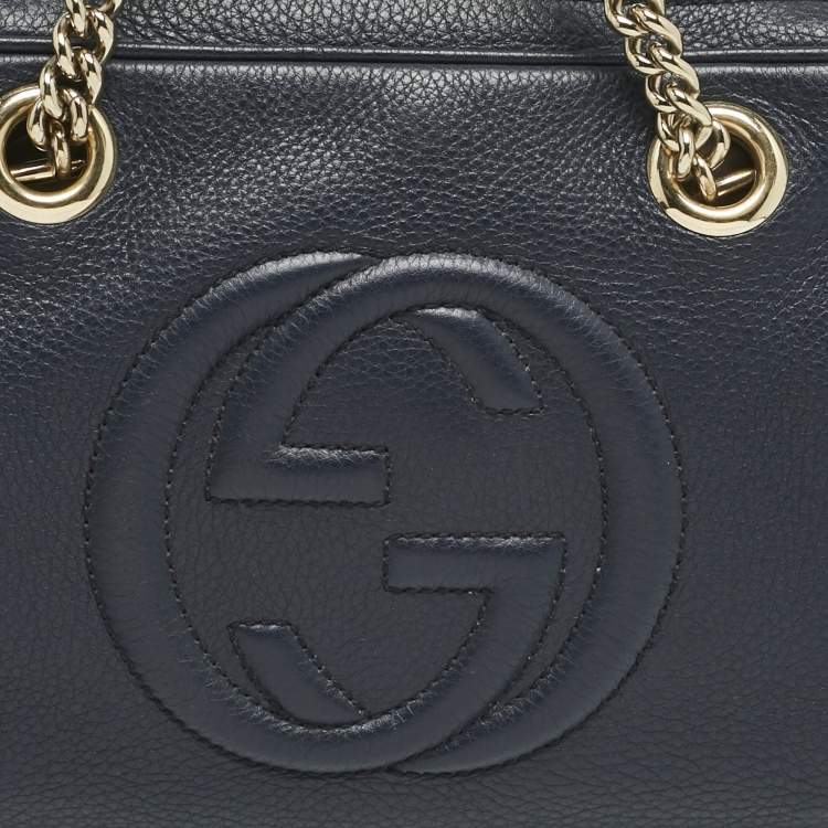 Pre Owned Gucci Navy Blue Leather Medium Soho Chain Shoulder Bag