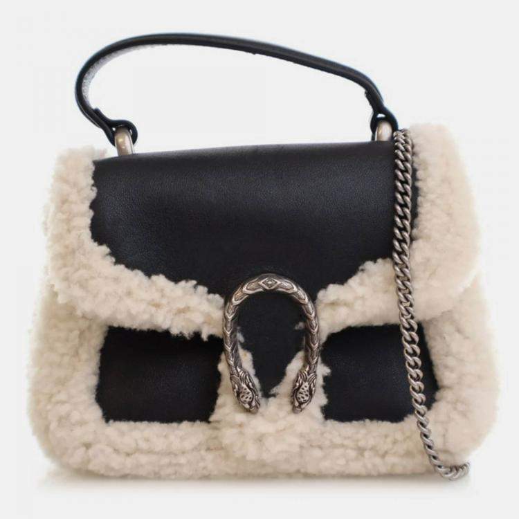 Pre Owned Gucci Mini Beige/Black Calf Leather Shearling Dionysus Top Handle