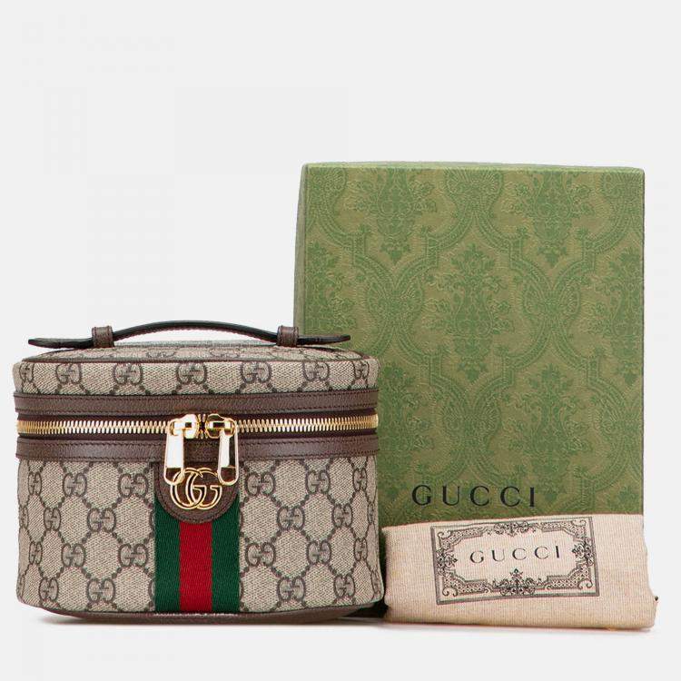 Pre Owned Gucci Beige Brown GG Supreme Web Ophidia Vanity Bag