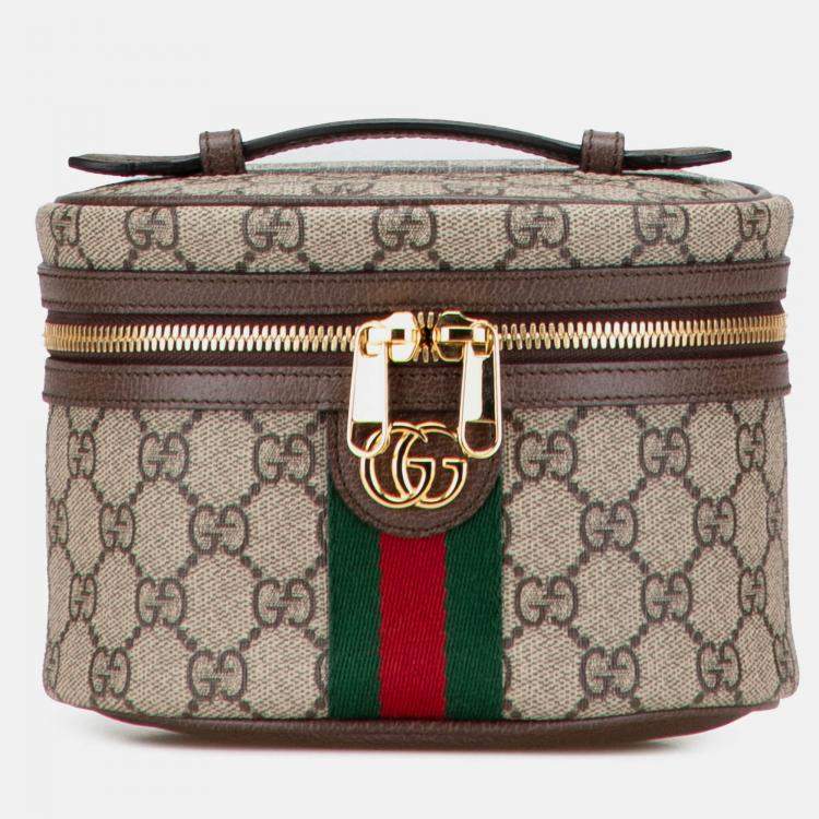 Pre Owned Gucci Beige Brown GG Supreme Web Ophidia Vanity Bag