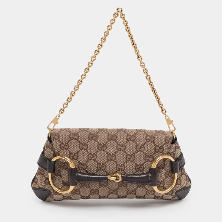 Pre Owned Gucci Beige GG Canvas and Leather Horsebit Chain Clutch