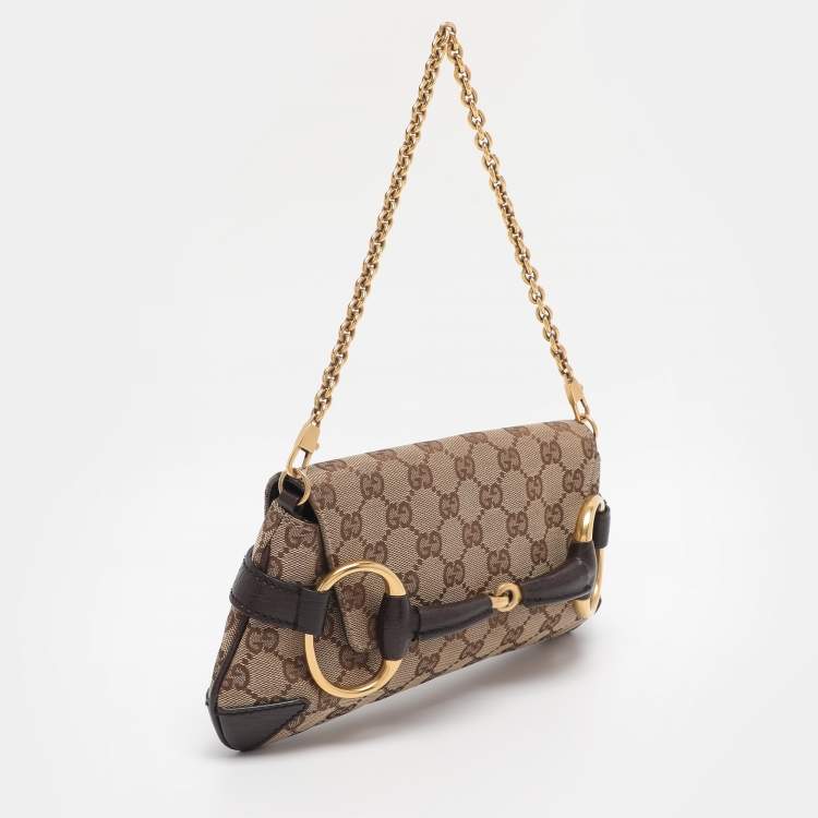 Pre Owned Gucci Beige GG Canvas and Leather Horsebit Chain Clutch