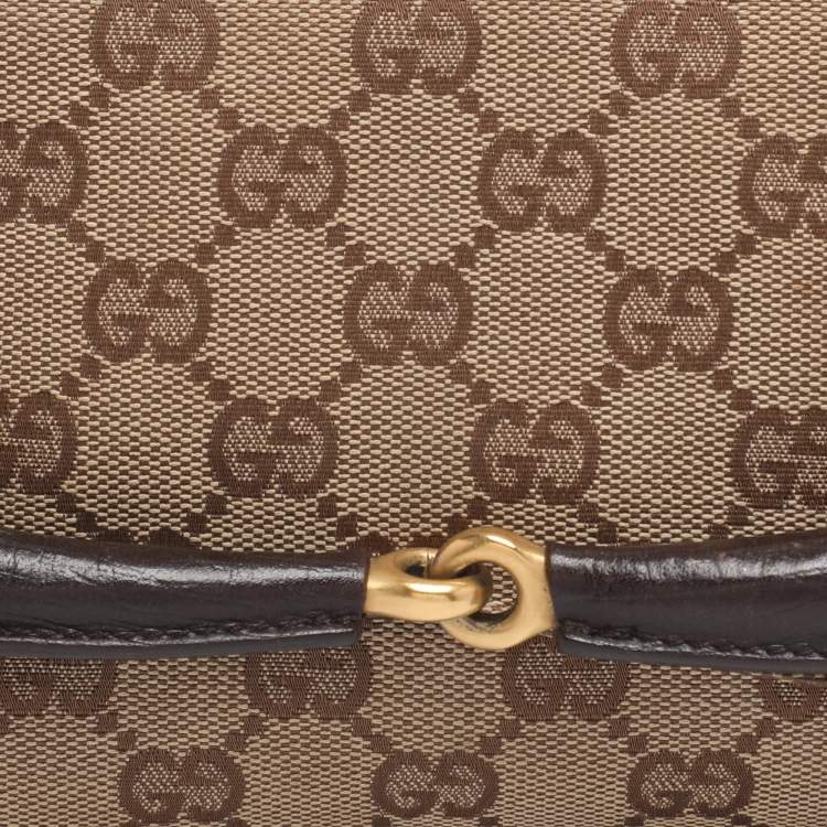 Pre Owned Gucci Beige GG Canvas and Leather Horsebit Chain Clutch