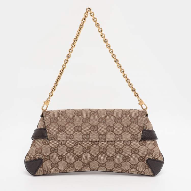 Pre Owned Gucci Beige GG Canvas and Leather Horsebit Chain Clutch