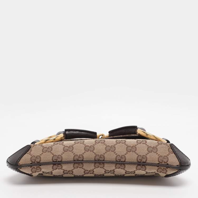 Pre Owned Gucci Beige GG Canvas and Leather Horsebit Chain Clutch