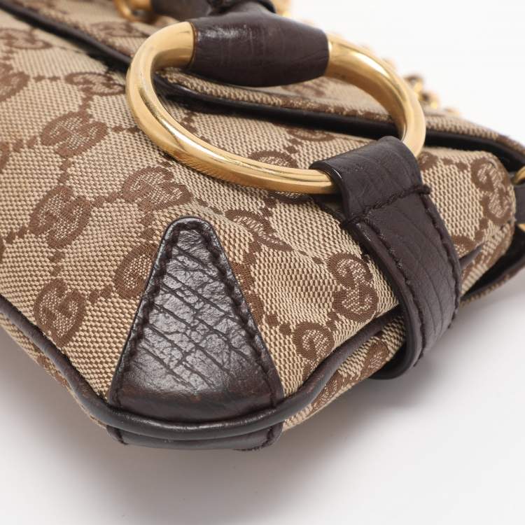 Pre Owned Gucci Beige GG Canvas and Leather Horsebit Chain Clutch