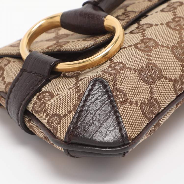 Pre Owned Gucci Beige GG Canvas and Leather Horsebit Chain Clutch