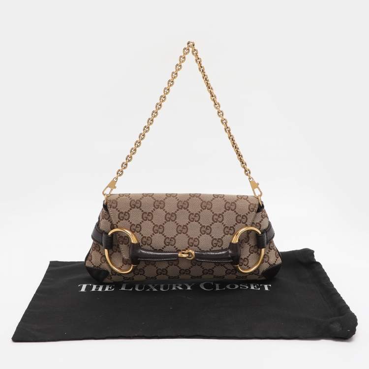 Pre Owned Gucci Beige GG Canvas and Leather Horsebit Chain Clutch