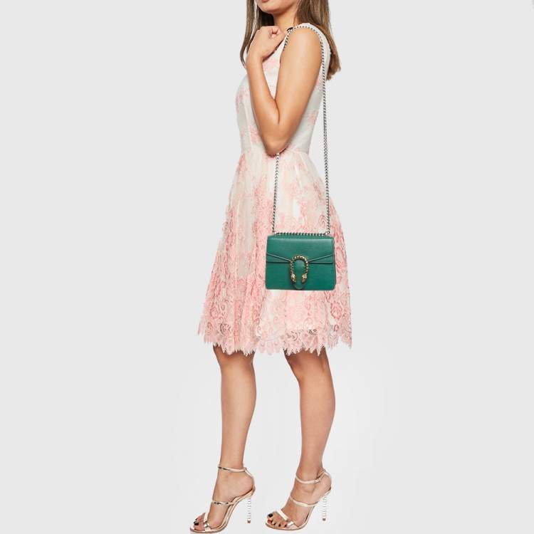 Pre Owned Gucci Green Leather Mini Crystal Dionysus Shoulder Bag