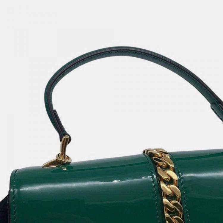 Pre Owned Gucci Green Mini Patent Sylvie 1969 Top Handle Bag