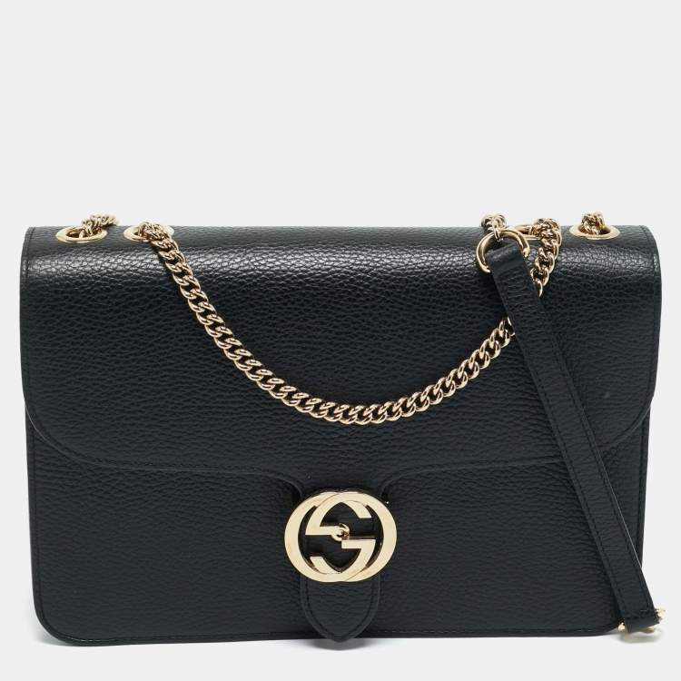 Pre Owned Gucci Black Leather Dollar Interlocking G Shoulder Bag
