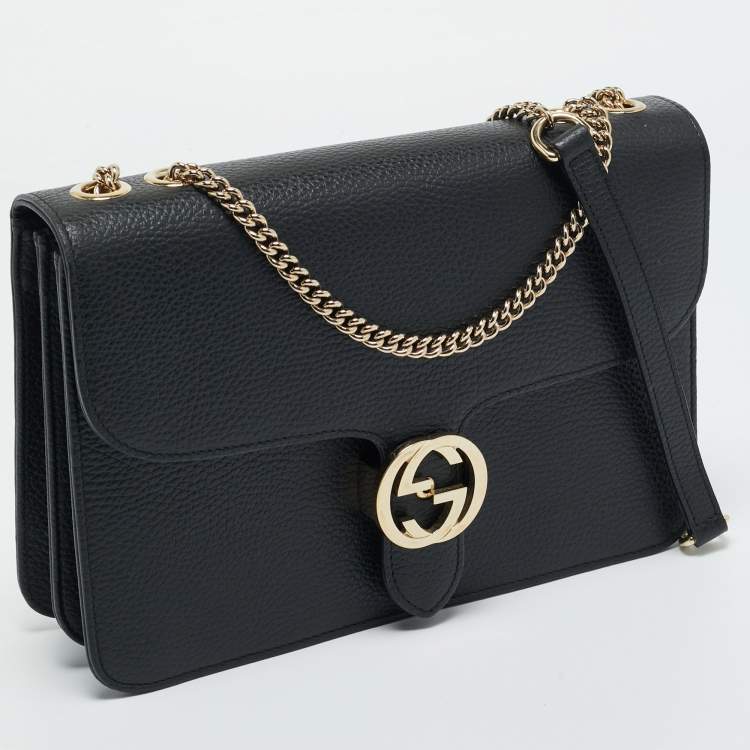 Pre Owned Gucci Black Leather Dollar Interlocking G Shoulder Bag