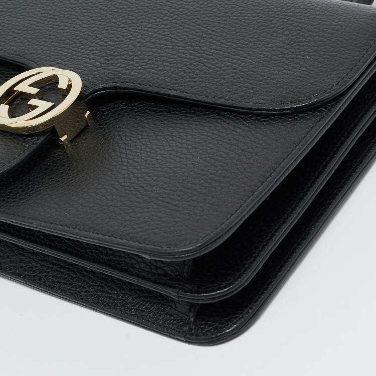 Pre Owned Gucci Black Leather Dollar Interlocking G Shoulder Bag
