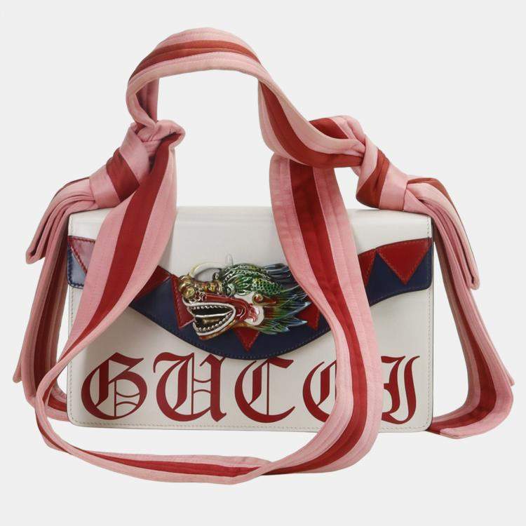 Pre Owned Gucci White Leather Satin Naga Dragon Head Shoulder Bag