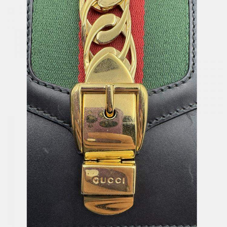 Pre Owned Gucci Black Leather Mini Web Chain Sylvie Shoulder Bag