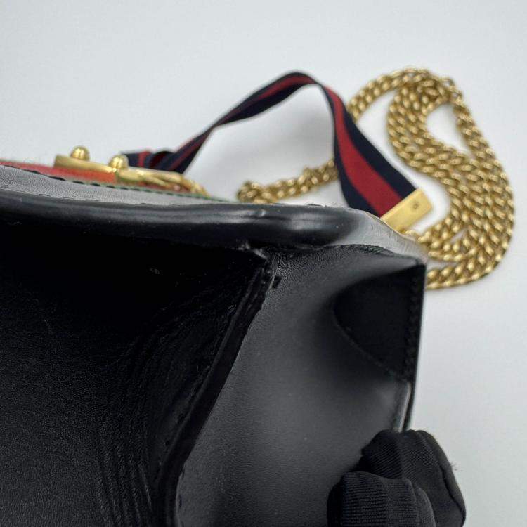 Pre Owned Gucci Black Leather Mini Web Chain Sylvie Shoulder Bag