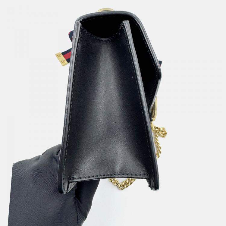 Pre Owned Gucci Black Leather Mini Web Chain Sylvie Shoulder Bag