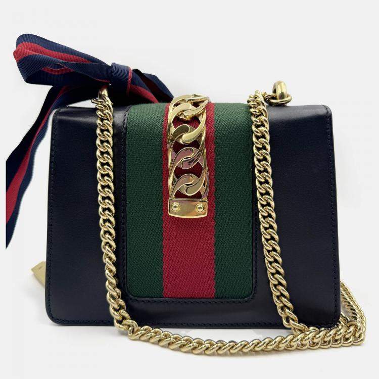 Pre Owned Gucci Black Leather Mini Web Chain Sylvie Shoulder Bag