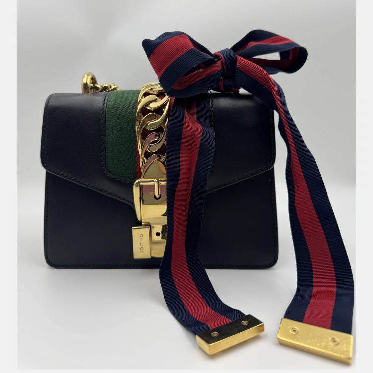 Pre Owned Gucci Black Leather Mini Web Chain Sylvie Shoulder Bag