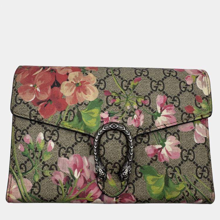Pre Owned Gucci Blue/Beige GG Blooms Supreme Canvas and Leather Dionysus Wallet On Chain