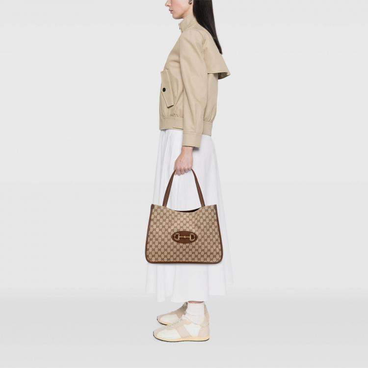 Pre Owned Gucci Brown Medium GG Canvas Horsebit 1955 Tote