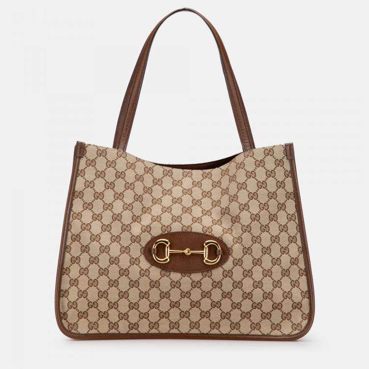 Pre Owned Gucci Brown Medium GG Canvas Horsebit 1955 Tote