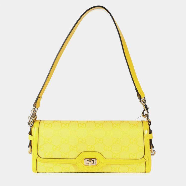 Pre Owned Gucci Yellow GG Monogram Textured Canvas Dollar Calfskin Small Luce Shoulder Bag