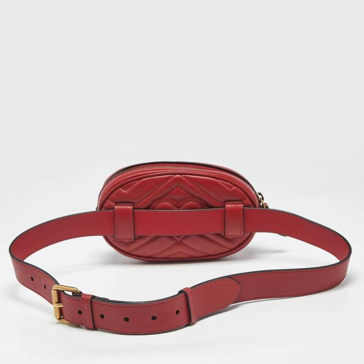 Pre Owned Gucci Red Matelassé Leather GG Marmont Belt Bag