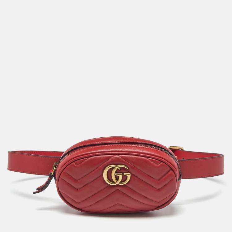 Pre Owned Gucci Red Matelassé Leather GG Marmont Belt Bag