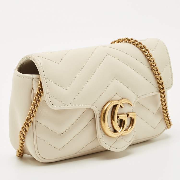 Pre Owned Gucci Off White Matelassé Leather Super Mini GG Marmont Shoulder Bag