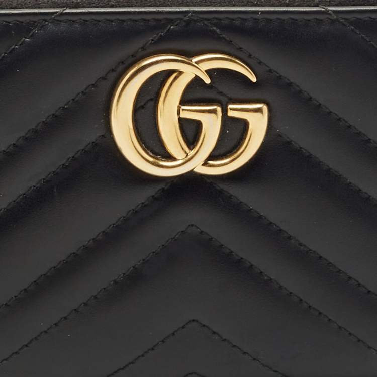 Pre Owned Gucci Black Matelassé Leather GG Marmont Zip Around Wallet