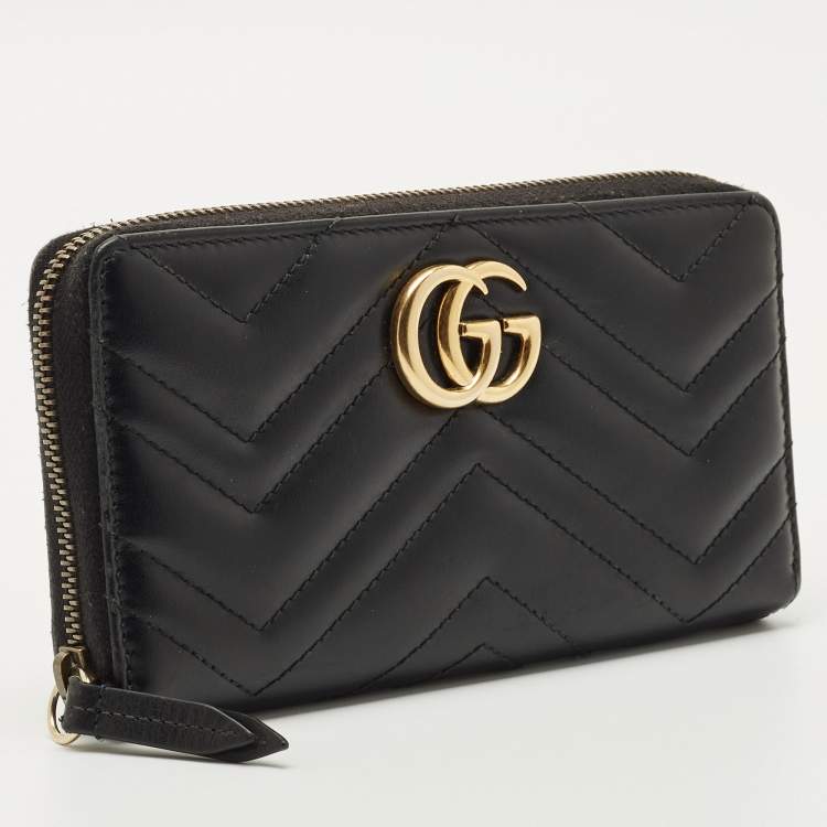 Pre Owned Gucci Black Matelassé Leather GG Marmont Zip Around Wallet