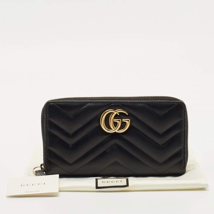 Pre Owned Gucci Black Matelassé Leather GG Marmont Zip Around Wallet