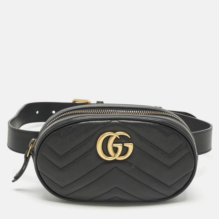 Pre Owned Gucci Black Matelassé Leather GG Marmont Belt Bag