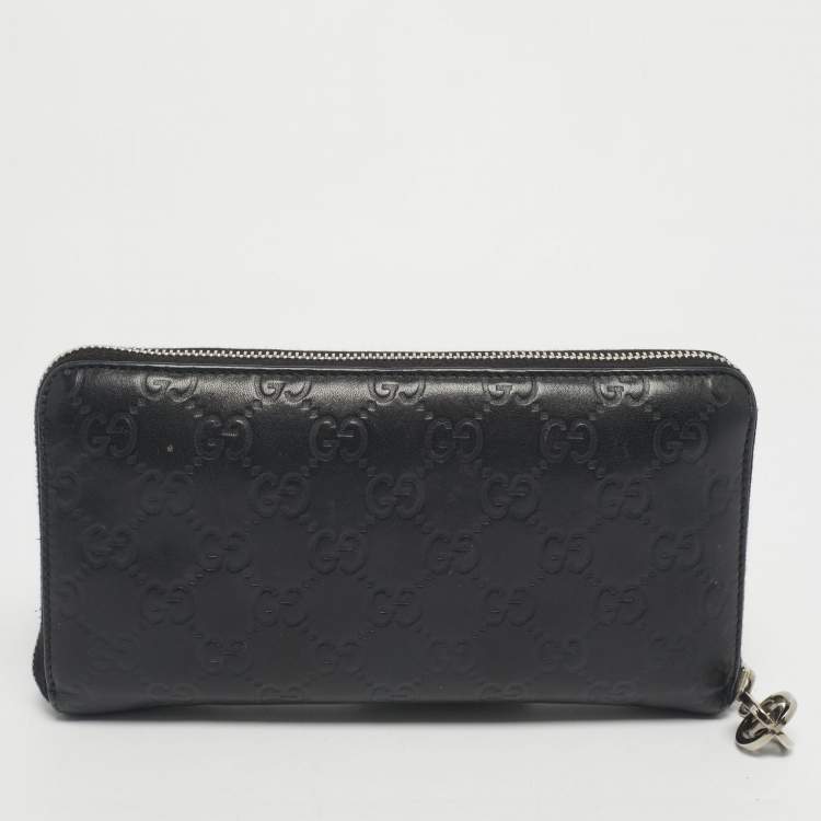 Pre Owned Gucci Black Guccissima Leather GG Twins Zip Around Wallet