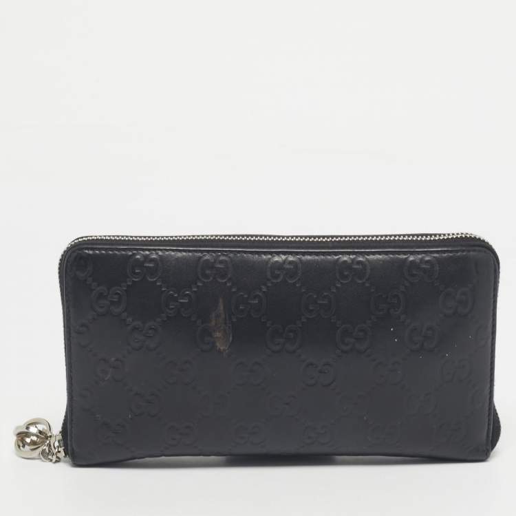 Pre Owned Gucci Black Guccissima Leather GG Twins Zip Around Wallet