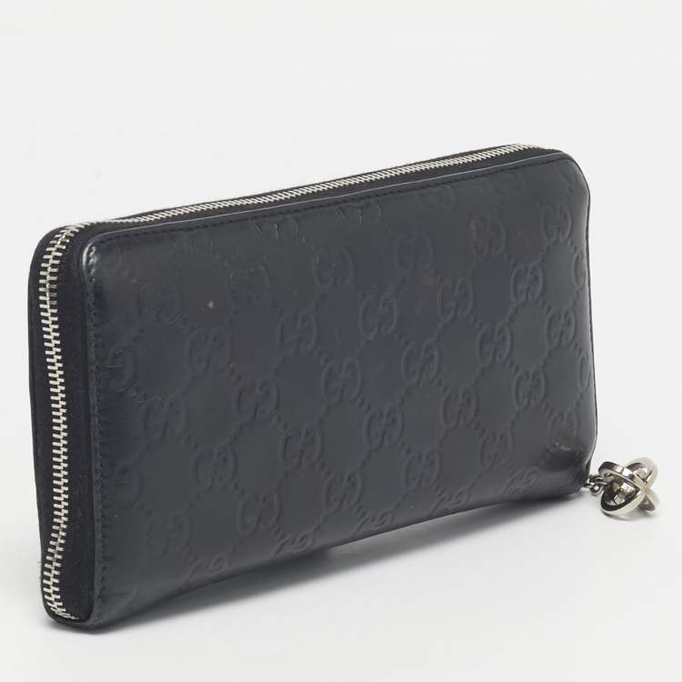 Pre Owned Gucci Black Guccissima Leather GG Twins Zip Around Wallet