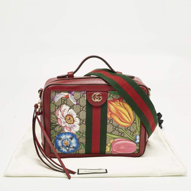 Pre Owned Gucci Red GG Supreme Canvas and Leather Floral Ophidia Square Bag