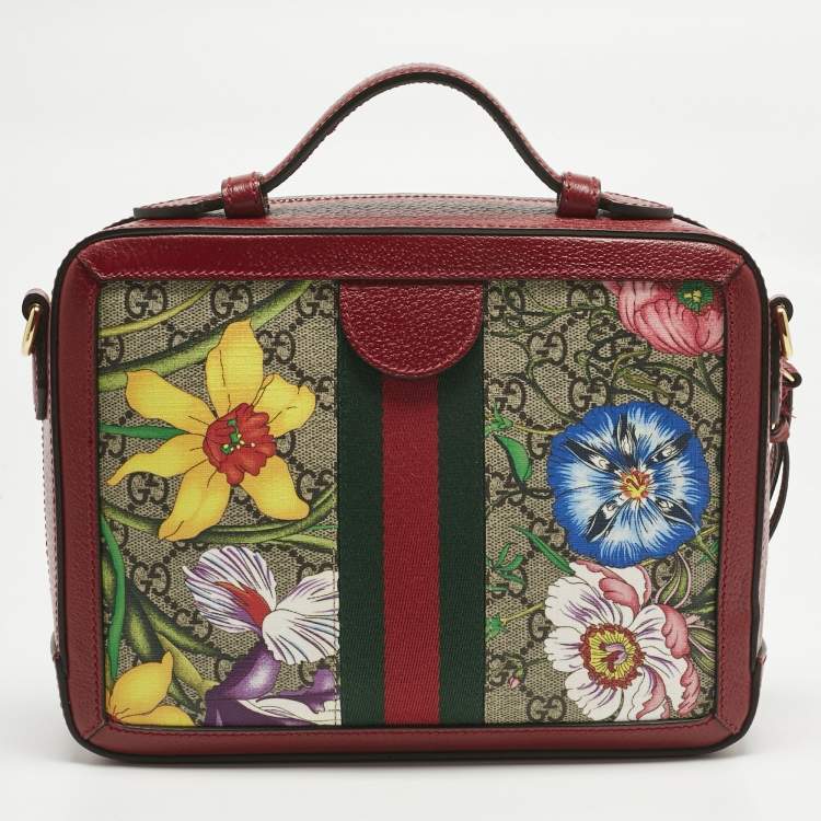 Pre Owned Gucci Red GG Supreme Canvas and Leather Floral Ophidia Square Bag