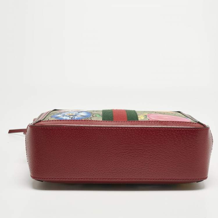 Pre Owned Gucci Red GG Supreme Canvas and Leather Floral Ophidia Square Bag