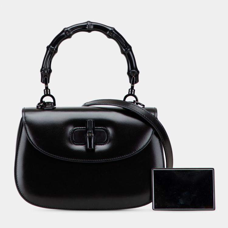 Pre Owned Gucci Black Small Calfskin 1947 Bamboo Top Handle Bag