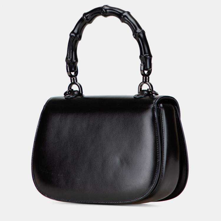 Pre Owned Gucci Black Small Calfskin 1947 Bamboo Top Handle Bag