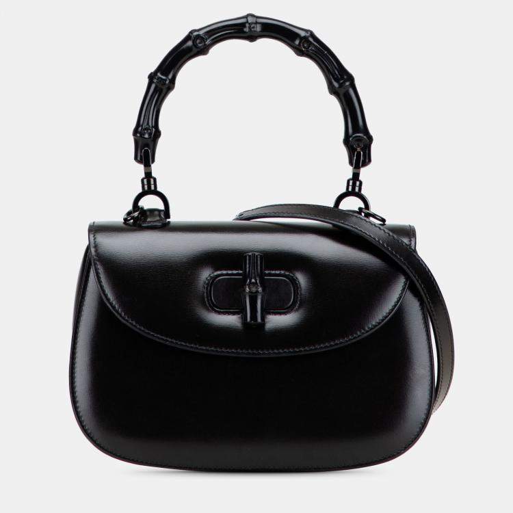 Pre Owned Gucci Black Small Calfskin 1947 Bamboo Top Handle Bag