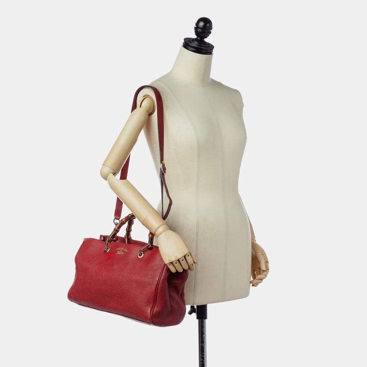 Pre Owned Gucci Red Medium Calfskin Bamboo Shopper Satchel