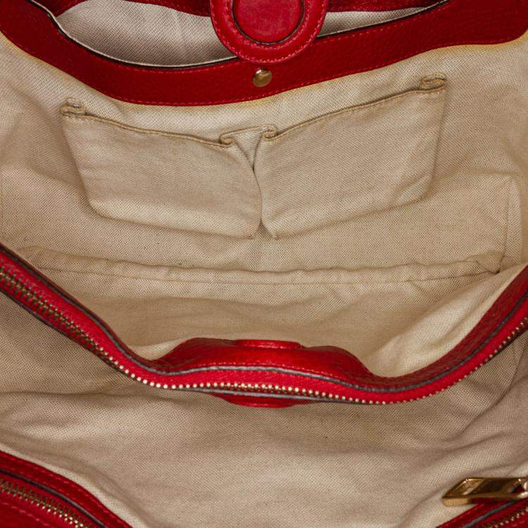 Pre Owned Gucci Red Medium Calfskin Bamboo Shopper Satchel