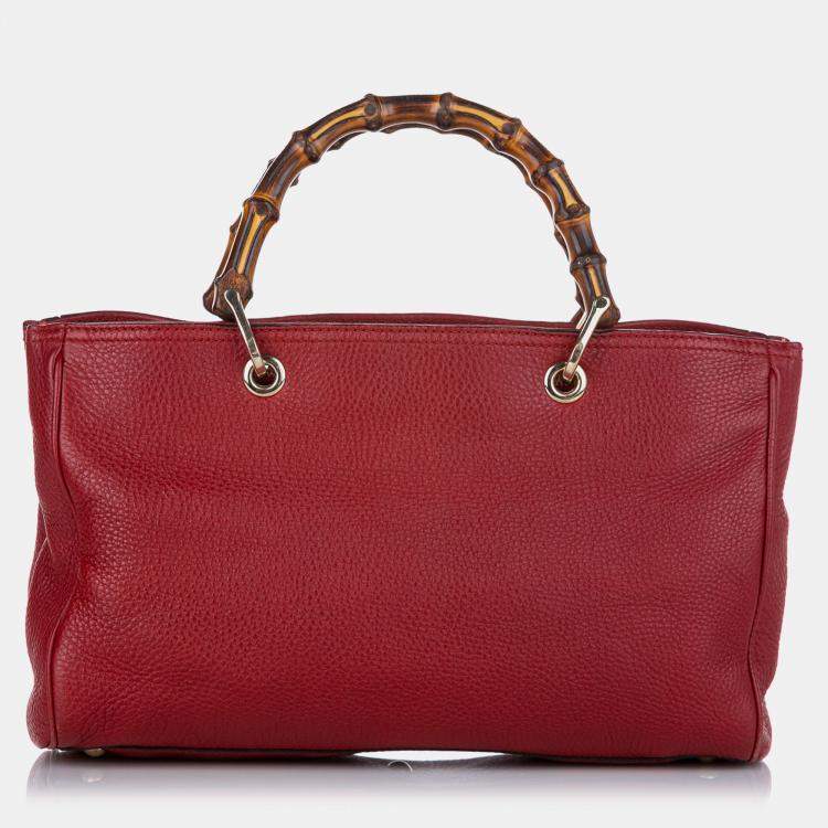 Pre Owned Gucci Red Medium Calfskin Bamboo Shopper Satchel
