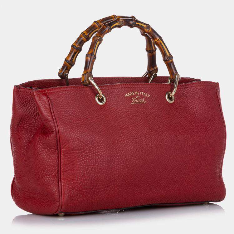Pre Owned Gucci Red Medium Calfskin Bamboo Shopper Satchel