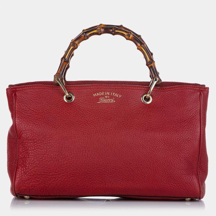 Pre Owned Gucci Red Medium Calfskin Bamboo Shopper Satchel